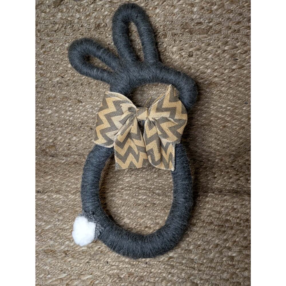 Easter Bunny Shaped Holiday Gray Wreath Brown Ribbon Bow Door Decor 26"